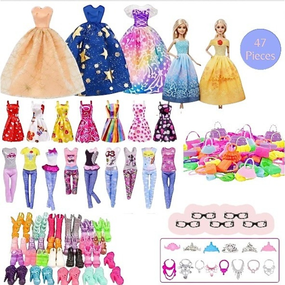 47 Piece Set Fashion Doll Clothing Barbie Style Outfits Accessories Dress Up Lot